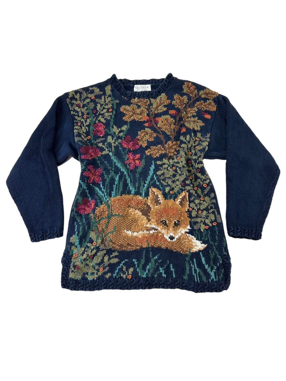 Vintage 90s Rainbow Bridge Fox Floral Cotton Sweater Whimsical Cottagecore Cozy